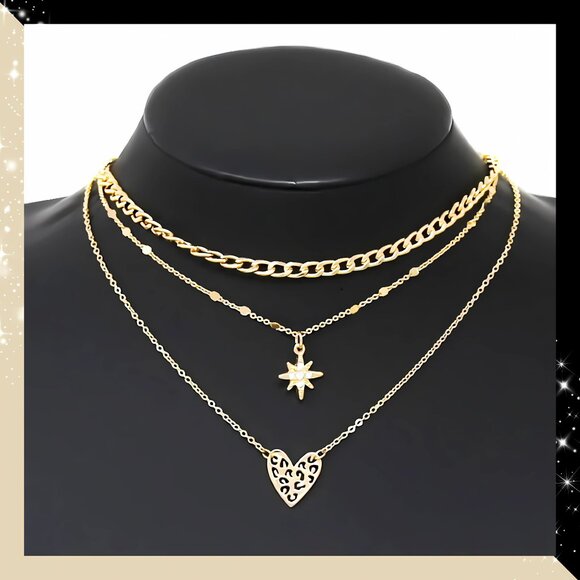 Modcloth Jewelry - Gold Dipped Celestial Star Heart Pendant 3-Layer Boho Chain Necklace NEW